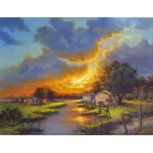Hanif Shahzad, Sunset, 27 x 36 Inch, Oil on Canvas, Cityscape Painting, AC-HNS-079